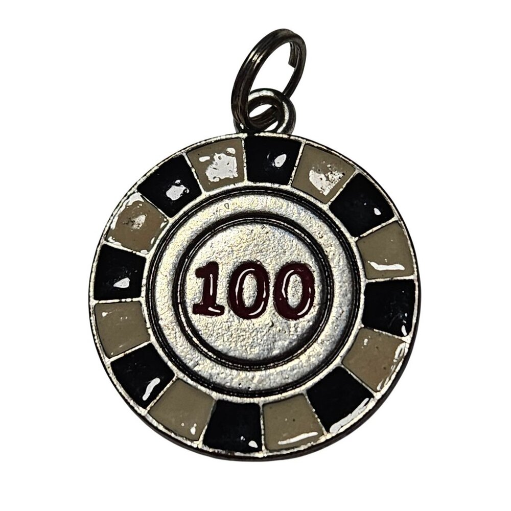 Silver Casino Chip Charm Pendant Black White Enamel 100 Number Detail Keychain